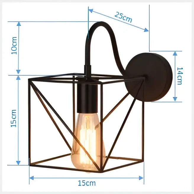 Black metal geometric wall sconce with exposed Edison bulb featuring decorbites iron cage and iron cage guard design