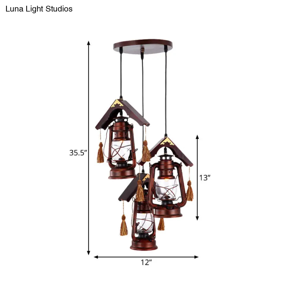 Vintage Copper Kerosene Pendant Lighting with Clear Glass and Wood Deco - Set of 3 Ceiling Lights