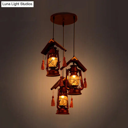 Vintage Copper Kerosene Pendant Lighting with Clear Glass and Wood Deco - Set of 3 Ceiling Lights