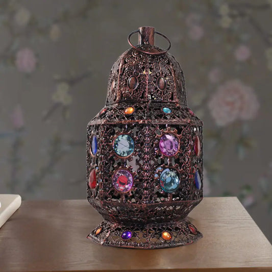 Vintage Copper Lantern Table Lamp - Metal Head Nightstand Lighting for Living Room