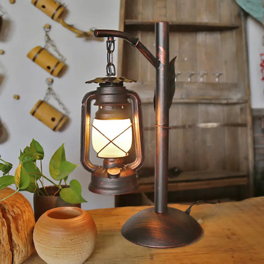 Vintage Copper Lantern Table Lamp with Frosted Glass Shade - Coffee Shop Desk Lighting