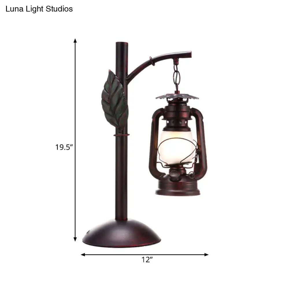 Vintage Copper Lantern Table Lamp with Frosted Glass Shade - Coffee Shop Desk Lighting