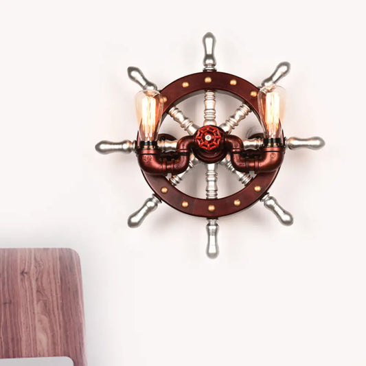 Vintage Copper Metal Rudder Wall Sconce with 2 Lights - Bedroom Mount Lamp Fixture