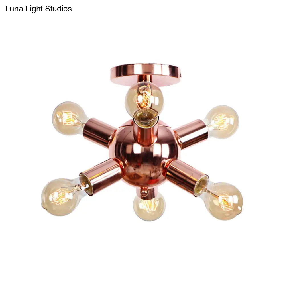 Vintage Copper Starburst Ceiling Light with Bare Bulb - Ideal for Restaurants (6/9 Heads)