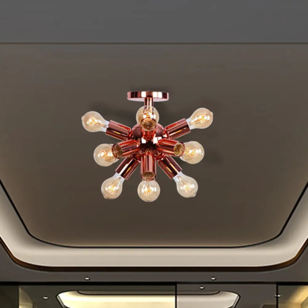 Vintage Copper Starburst Ceiling Light with Bare Bulb - Ideal for Restaurants (6/9 Heads)