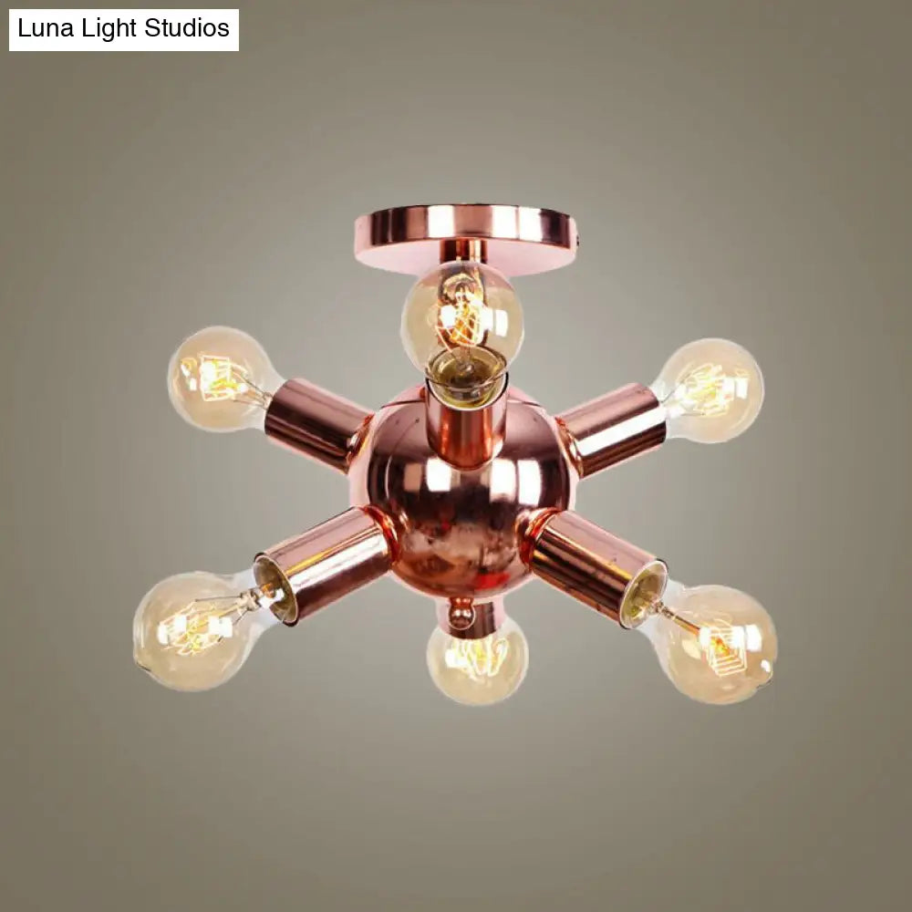 Vintage Copper Starburst Ceiling Light with Bare Bulb - Ideal for Restaurants (6/9 Heads)