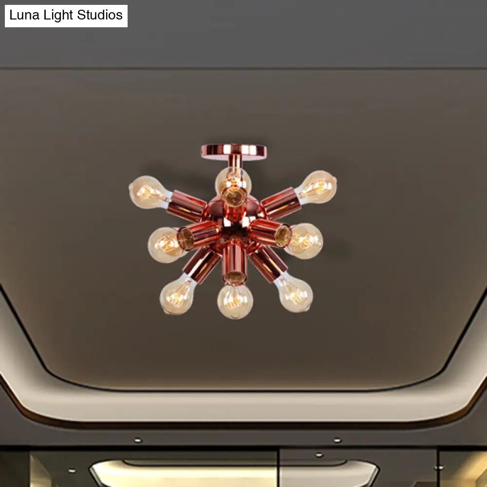 Vintage Copper Starburst Ceiling Light with Bare Bulb - Ideal for Restaurants (6/9 Heads)