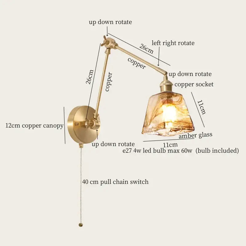 Adjustable copper wall sconce with amber glass shade and pull chain for bedroom decorbites copper vintage design