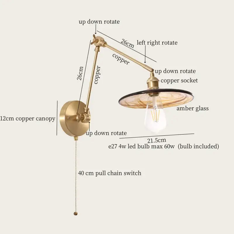 Adjustable vintage copper wall sconce with amber glass shade pull chain and included led bulb by decorbites for bedroom decor