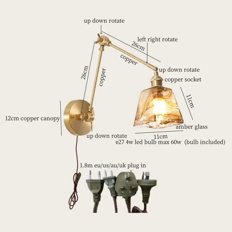 Adjustable vintage copper wall sconce with warm amber glass shade and pull chain for bedroom decorbites copper vintage