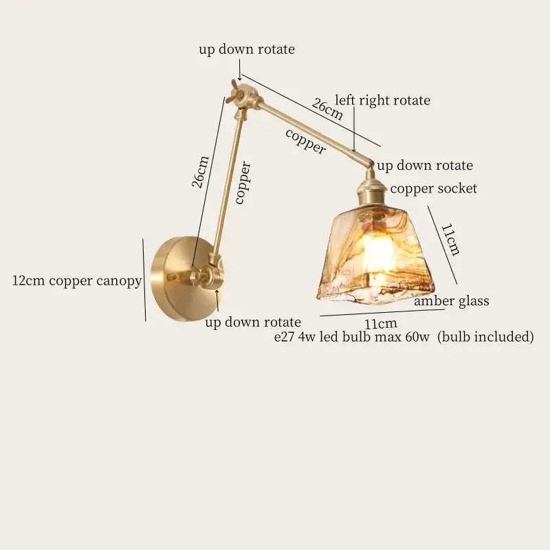 Adjustable vintage copper wall sconce with pull chain and warm amber glass shade for bedroom decorbites copper vintage