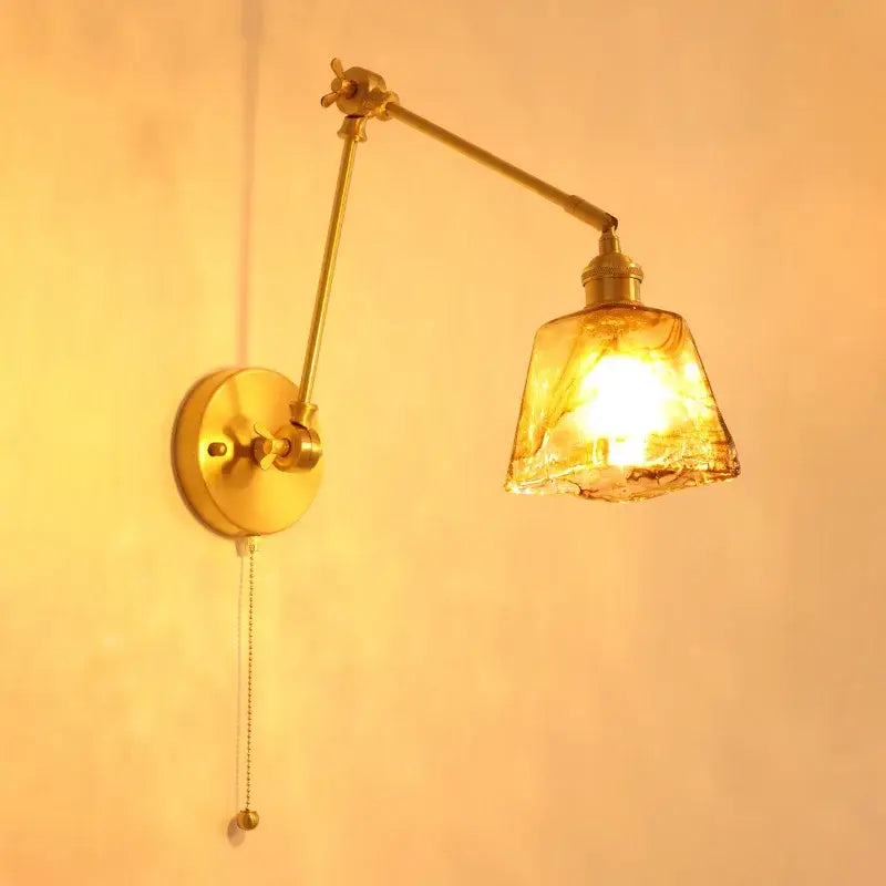 Brass wall sconce with warm amber glass shade and pull chain by decorbites copper vintage for bedroom decor