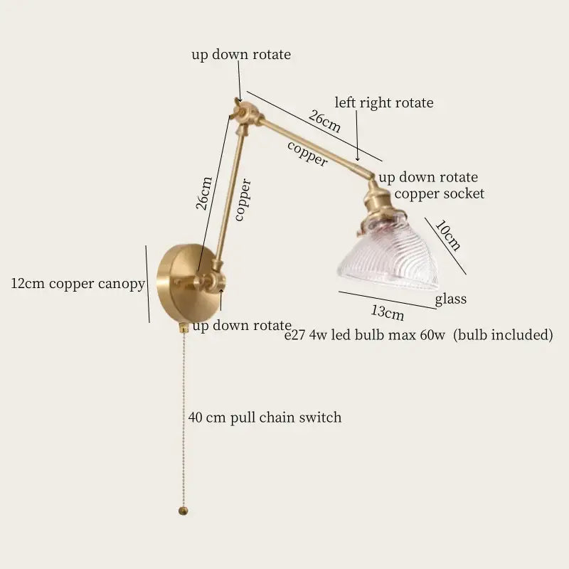 Vintage copper wall sconce with pull chain, glass shade, and adjustable arms for bedroom decorbites copper vintage style