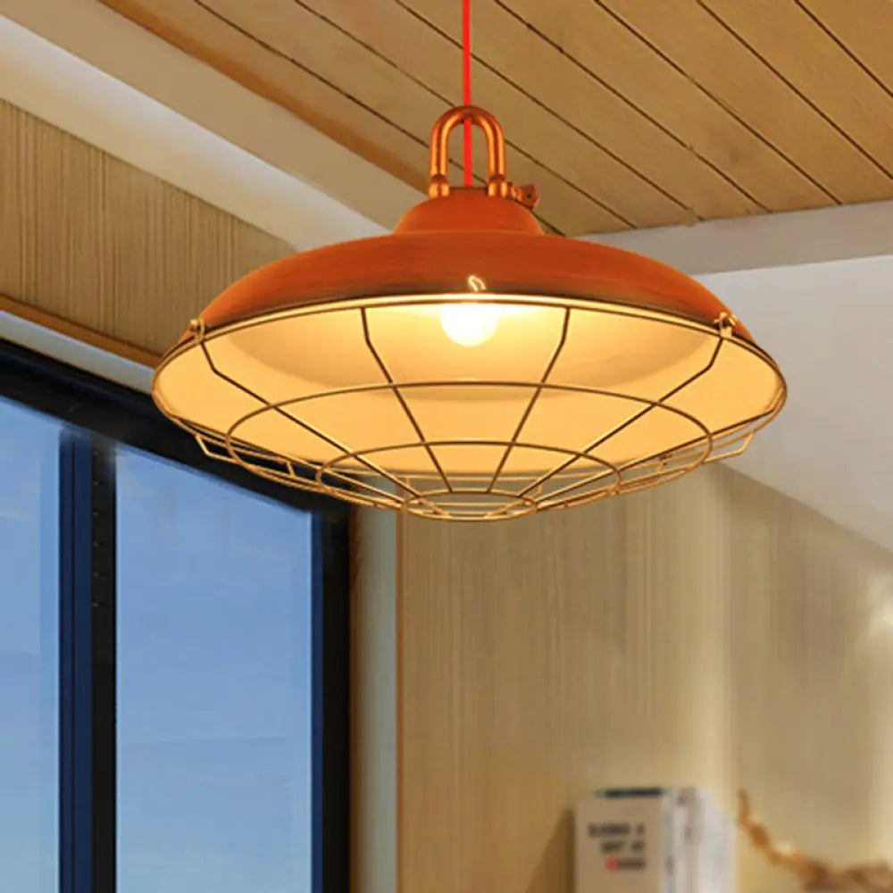 Vintage Covered Cage Hanging Ceiling Light - Metal Pendant in White/Copper/Red Brown