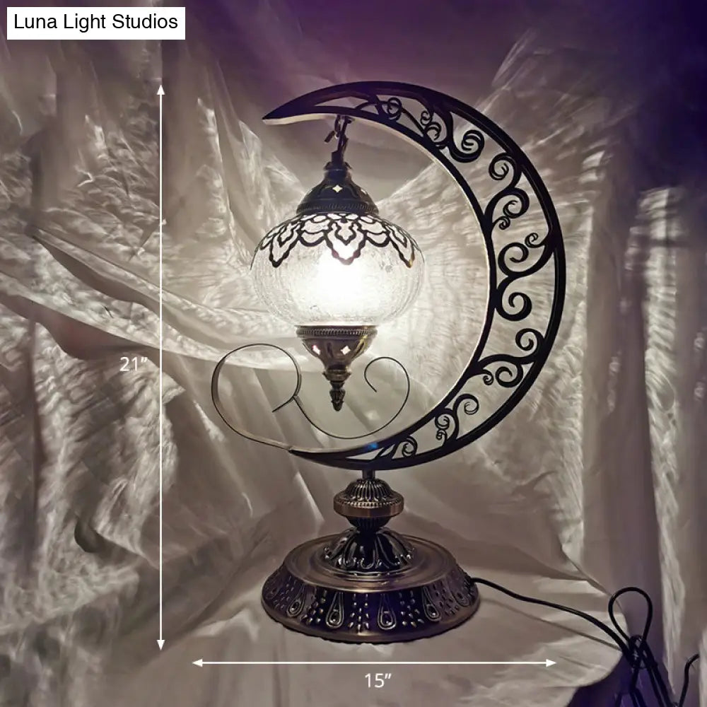 Vintage Crackle Glass Bedside Lamp with Oval Shade and 1/2/3 Lights, Bronze Night Table Decor