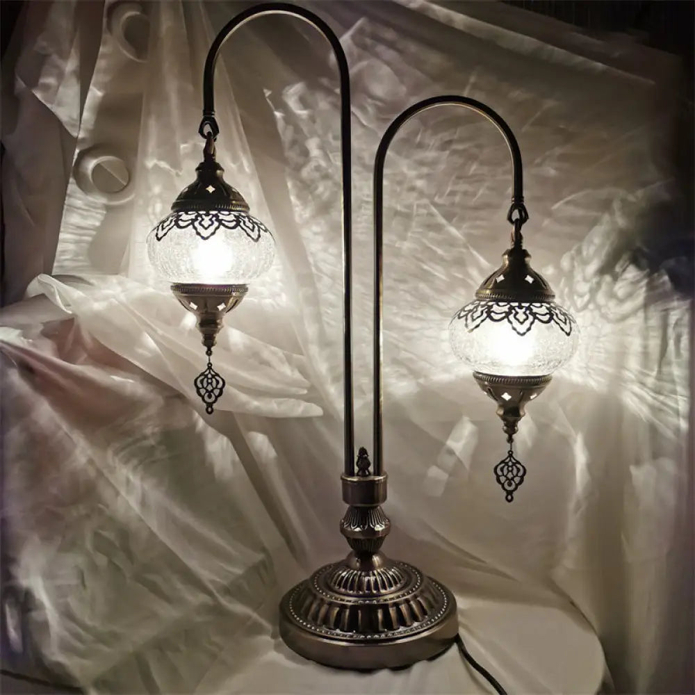 Vintage Crackle Glass Bedside Lamp with Oval Shade and 1/2/3 Lights, Bronze Night Table Decor