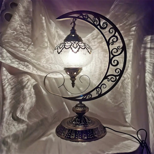 Vintage Crackle Glass Bedside Lamp with Oval Shade and 1/2/3 Lights, Bronze Night Table Decor