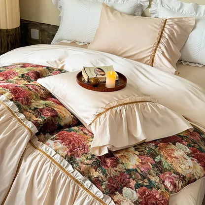 Cream-colored satin pillowcases with delicate gold trim and ruffled edges from decorbites 100s cotton vintage bedding set