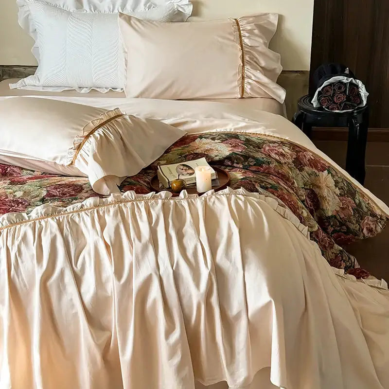 Cream-colored satin ruffled bed skirt with gold trim from decorbites 100s cotton vintage bedding set