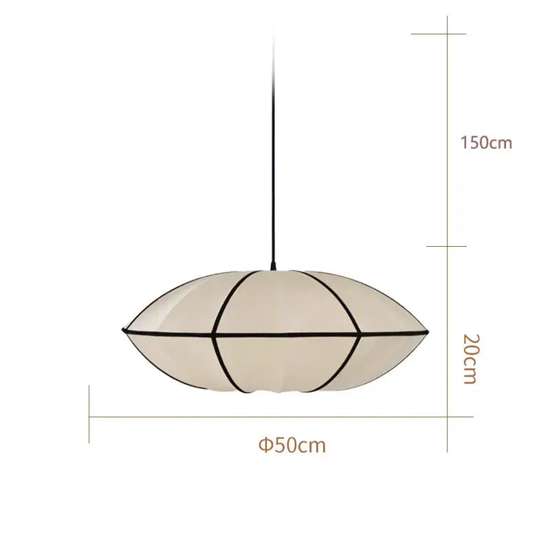 Cream-colored oval pendant lamp with black geometric frame and sheer fabric shade decorbites danish fabric pendant lamp