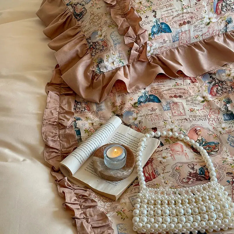 A delicate handcrafted pearl handbag in soft ivory complements vintage cream french print lace ruffles bedding decor