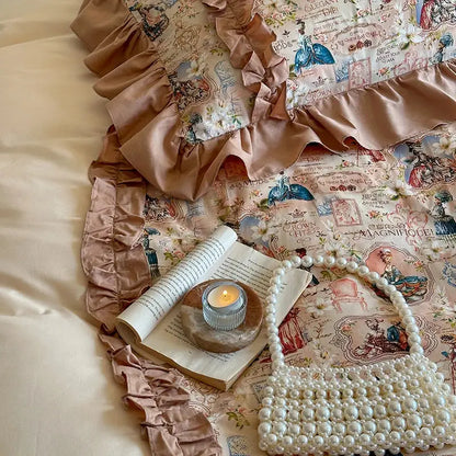 A delicate handcrafted pearl handbag in soft ivory complements vintage cream french print lace ruffles bedding decor