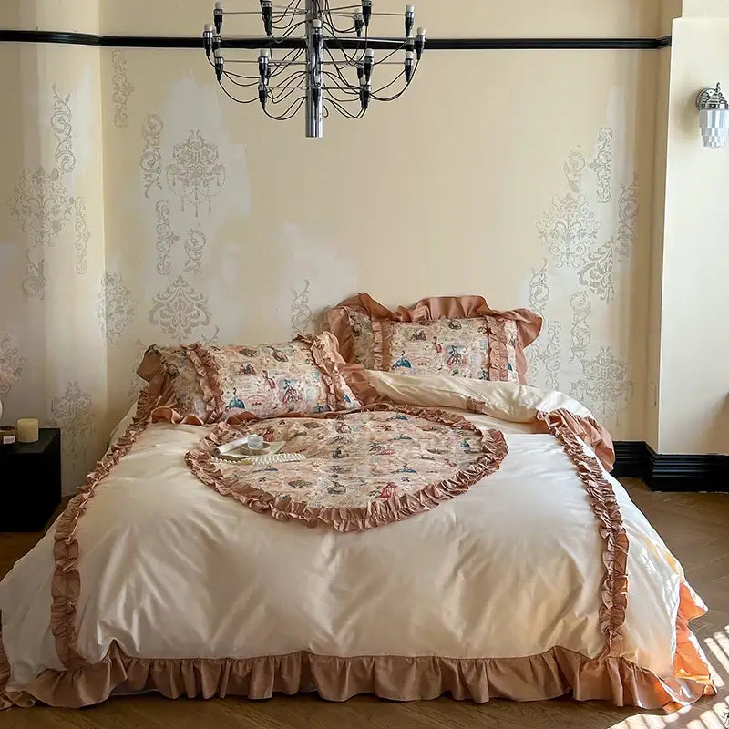 A soft peach vintage cream french print lace ruffles bedding set with delicate floral pattern and matching pillowcases