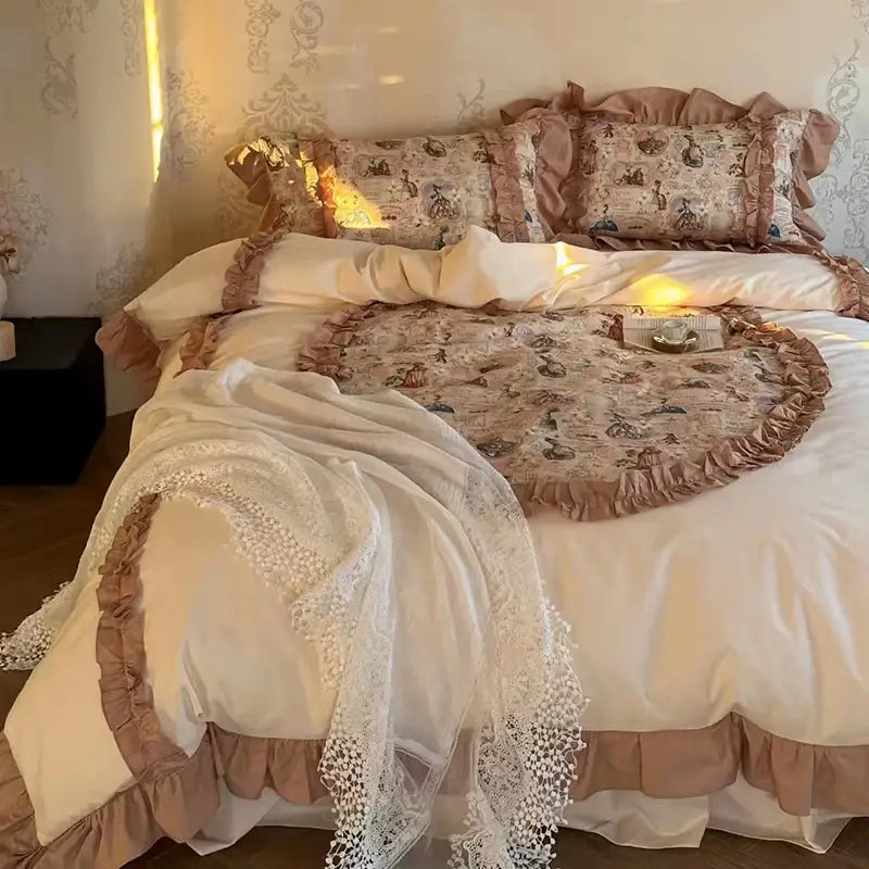 Cream-colored bedding set with print lace ruffles and vintage french print lace in soft beige tones for bedroom decor
