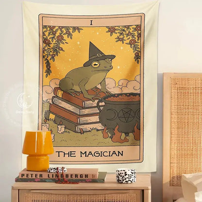 Vintage cream frog magic tarot tapestry featuring a whimsical beige decorbites frog magic design for bedroom wall decor