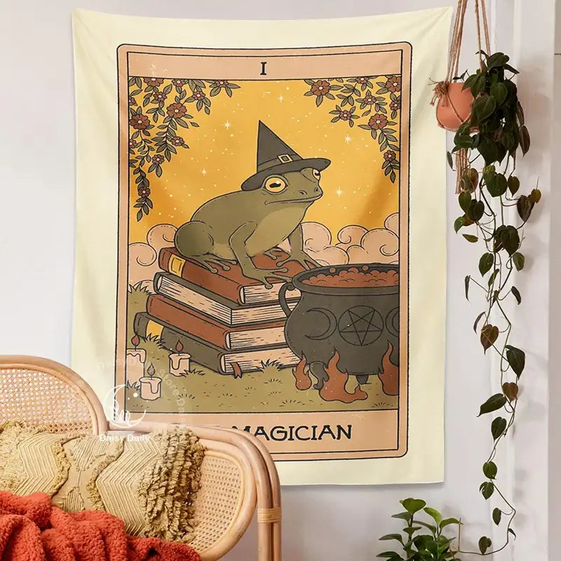 Cream-colored tapestry featuring whimsical green frog with witch hat next to cauldron for decorbites frog magic decor