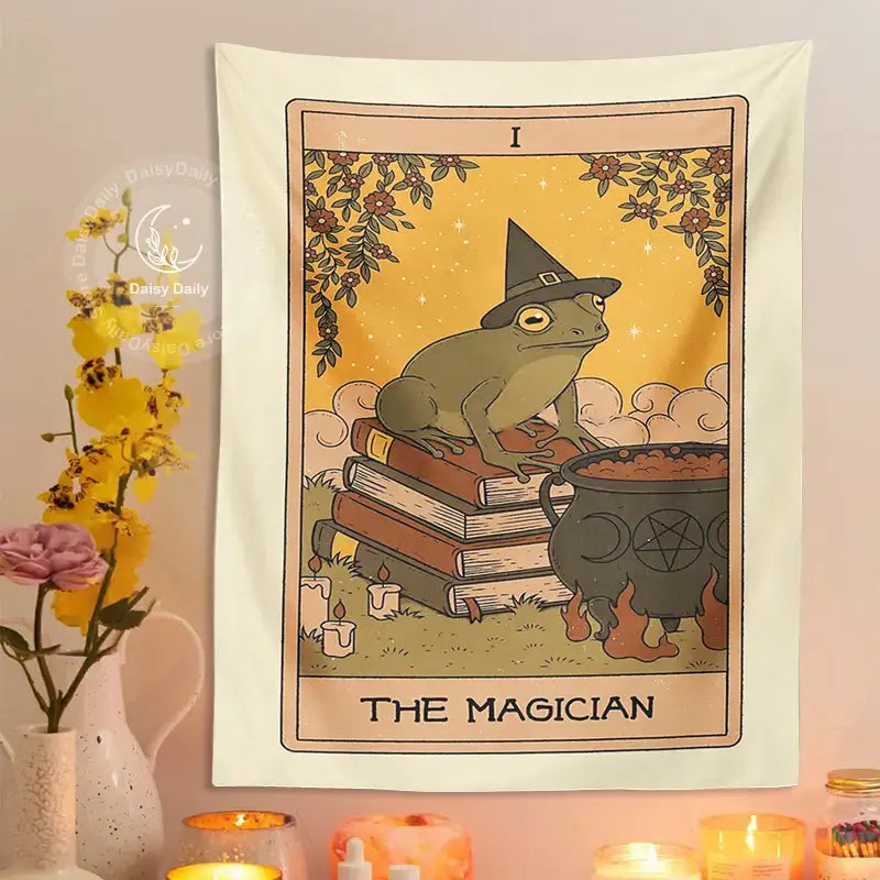 Cream-colored vintage frog magic tarot tapestry featuring a green frog and cauldron for bedroom wall decorbites decor
