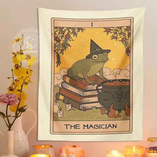 Cream-colored vintage frog magic tarot tapestry featuring a green frog and cauldron for bedroom wall decorbites decor