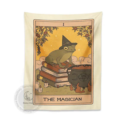 Cream-colored vintage tapestry featuring frog magic tarot illustration with green frog and witch hat for bedroom decorbites decor