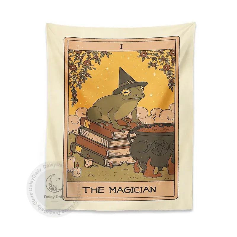 Cream-colored vintage frog magic tarot tapestry featuring a whimsical magician card with a frog and cauldron decorbites frog magic
