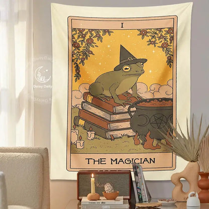 Cream-colored vintage tapestry featuring frog magic tarot design with an olive green frog and cauldron for bedroom decorbites decor