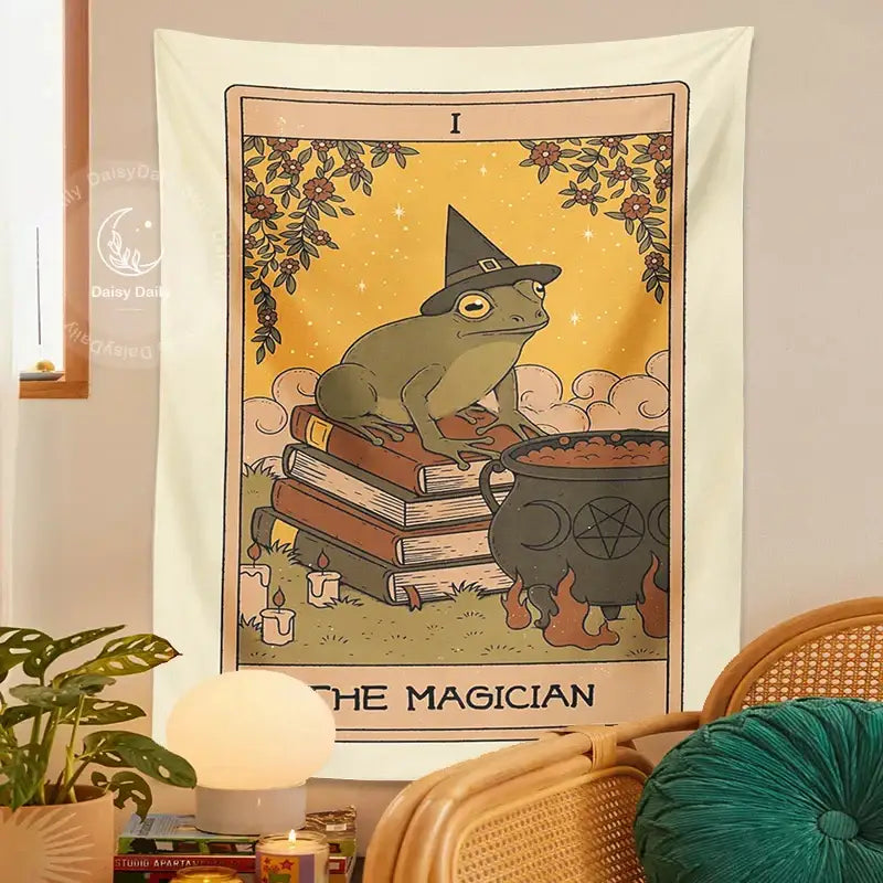 Vintage cream frog magic tarot tapestry with beige background featuring green frog in witch hat for bedroom wall decorbites frog magic