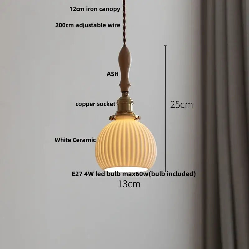 Vintage cream glass and brass adjustable led pendant light with ribbed white ceramic shade and wooden handle for dining room decorbites adjustable led pendant