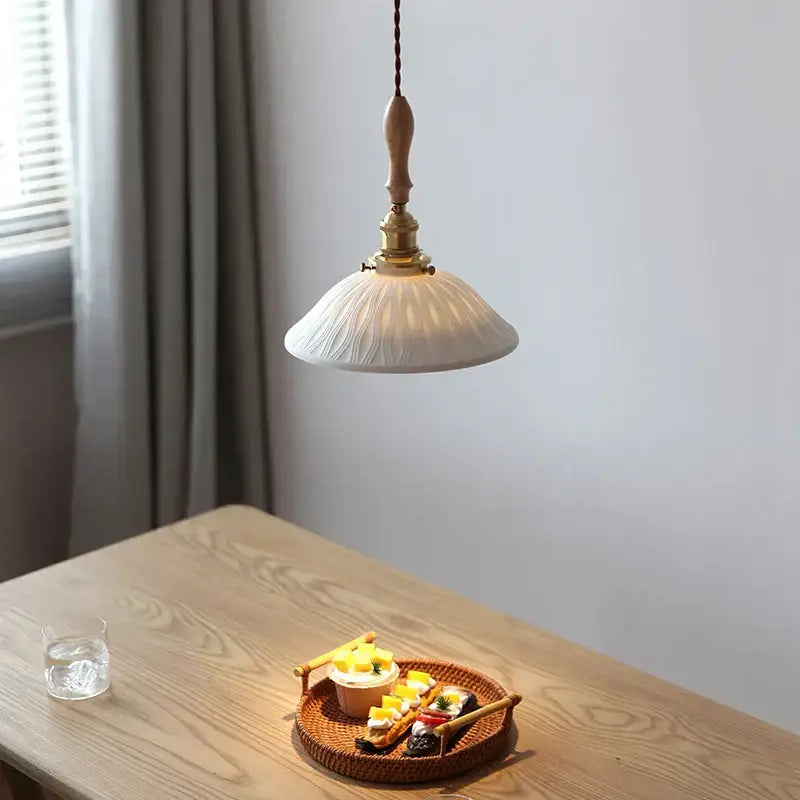 Vintage cream glass and brass adjustable led pendant light with white ribbed ceramic shade and wooden handle for dining room decorbites adjustable led pendant
