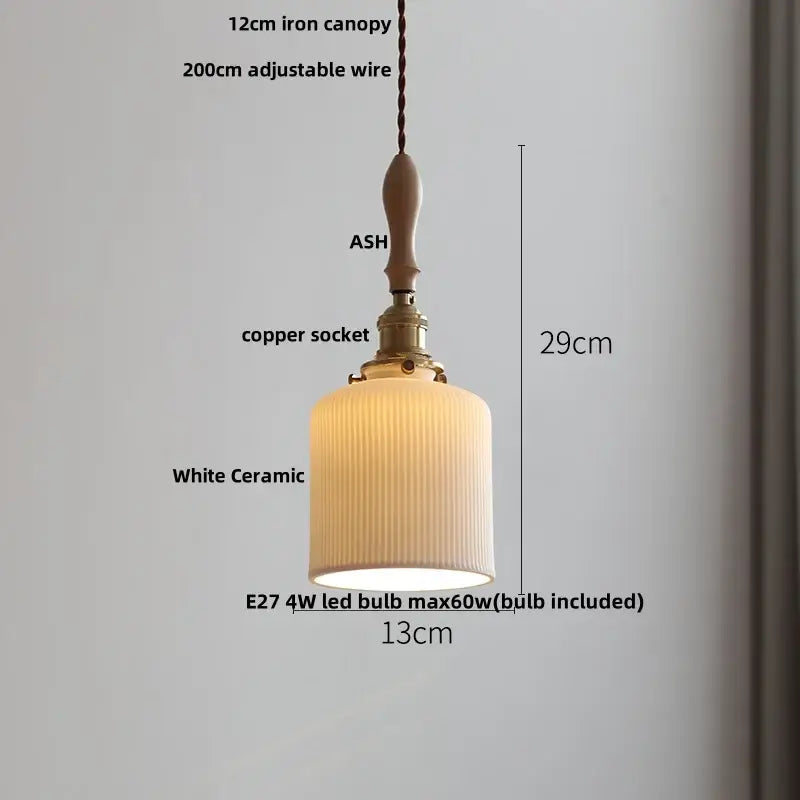 Vintage cream glass and brass adjustable led pendant light with vertical ridges and ash wood canopy for dining room decorbites pendant lights
