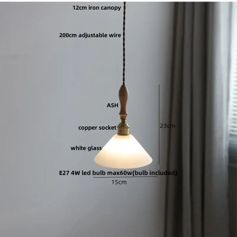 Vintage cream glass and brass adjustable led pendant dining room light with 12cm iron canopy and ash wood finial pendant lights