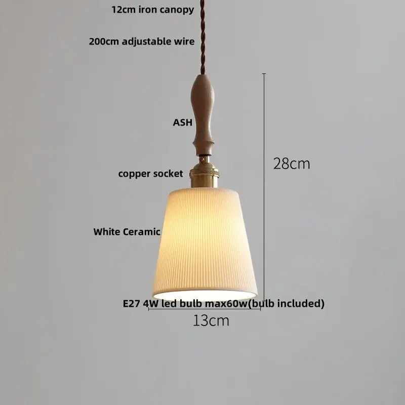 A warm-toned vintage cream adjustable led pendant light with ash wood handle iron canopy and white ceramic shade for dining room decorbites pendant lights