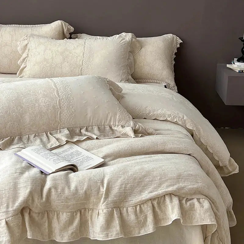 Vintage cream linen bedding set featuring jacquard lace ruffles and delicate lace trim with ruffled edges