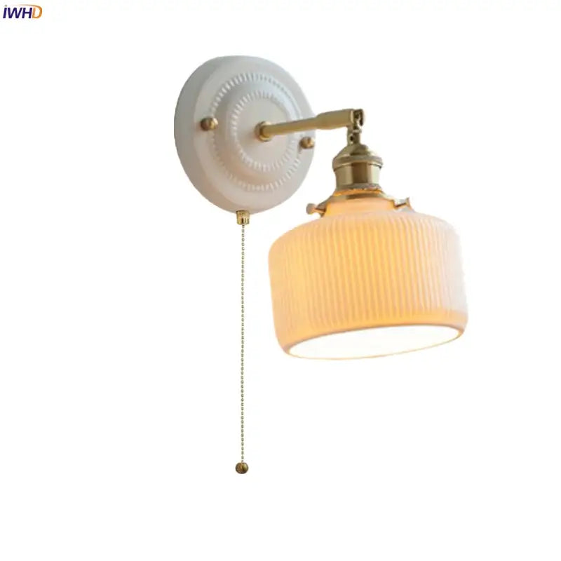 Vintage cream ribbed glass ceramic led wall lamp with brass finish for bedroom decorbites ceramic led wall lighting