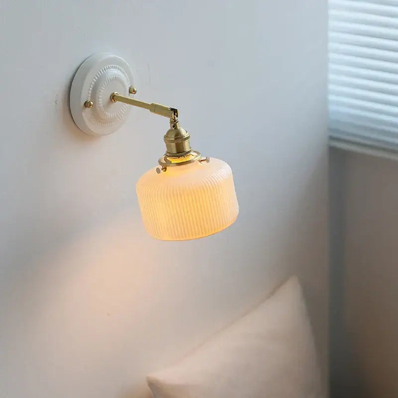 Vintage wall lamp with cream ribbed glass and brass finish ceramic led wall light for bedroom decorbites ceramic led