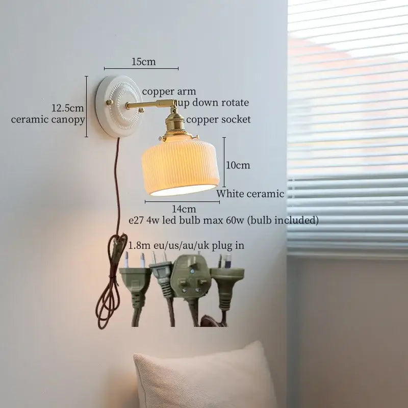 Vintage cream ribbed ceramic led wall lamp with brass copper arm for bedroom decorbites ceramic led wall lighting