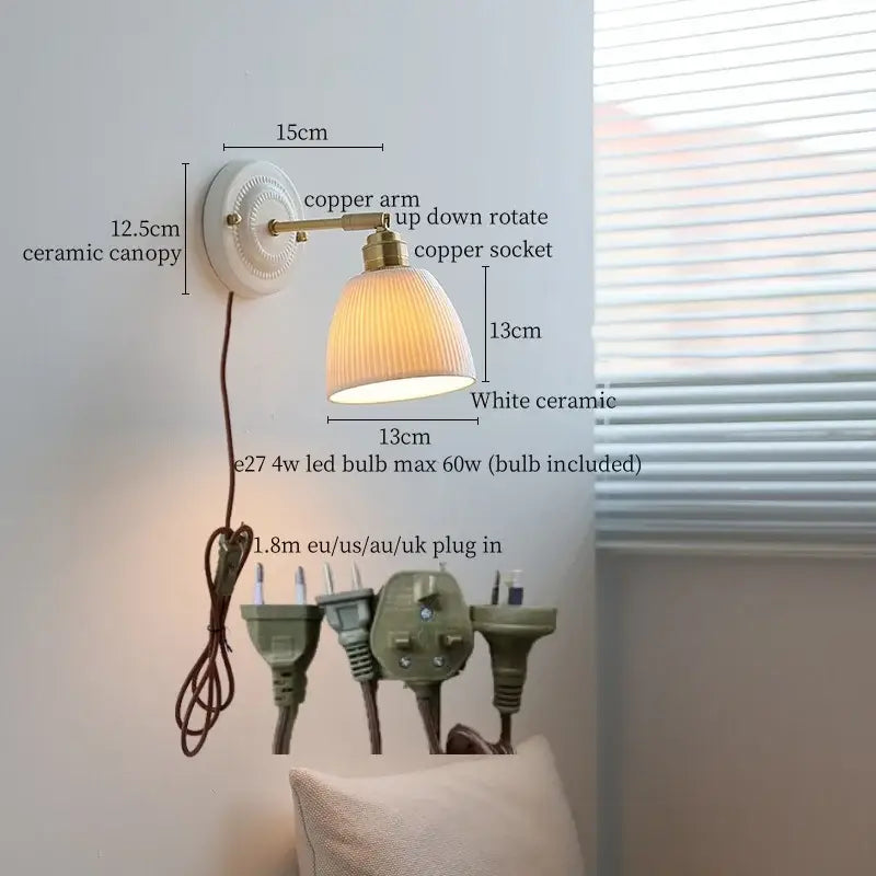 Vintage cream ribbed glass ceramic led wall lamp with white ceramic sconce and copper arm for bedroom decorbites ceramic led wall