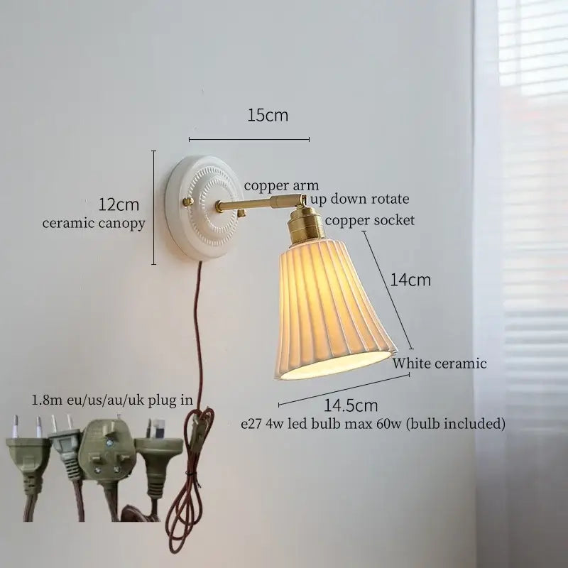 Vintage cream ribbed glass ceramic led wall lamp with white ceramic sconce and brass-finished copper arm decorbites ceramic led wall