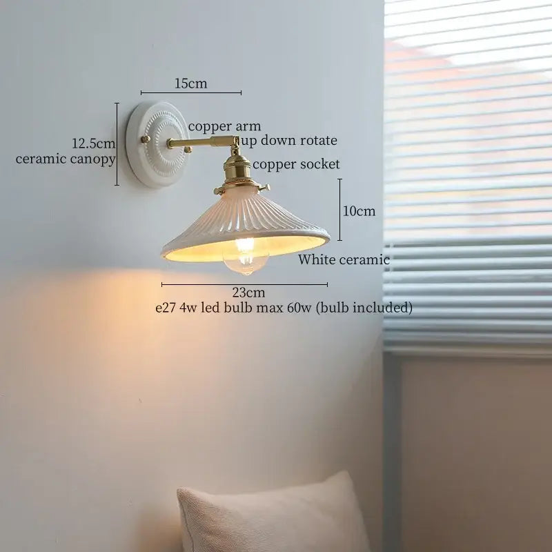 Vintage cream ribbed glass ceramic led wall lamp with white fluted shade and brass copper arm by decorbites ceramic led