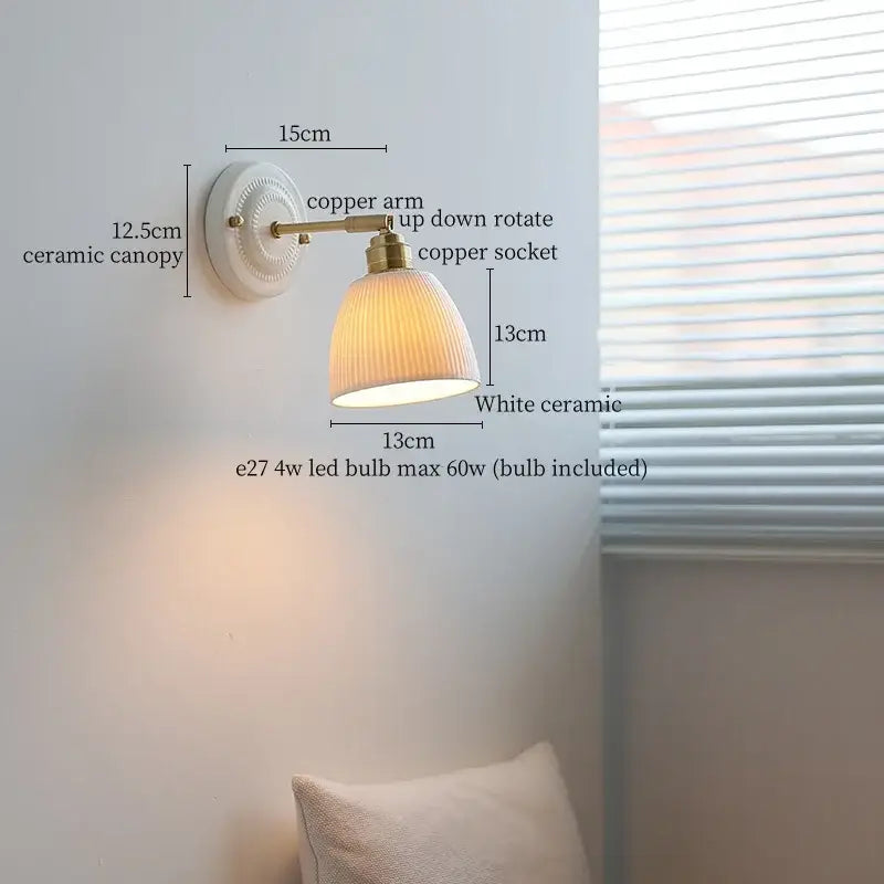 Vintage cream ribbed glass ceramic led wall lamp with white ceramic wall sconce and adjustable copper arm decorbites ceramic led