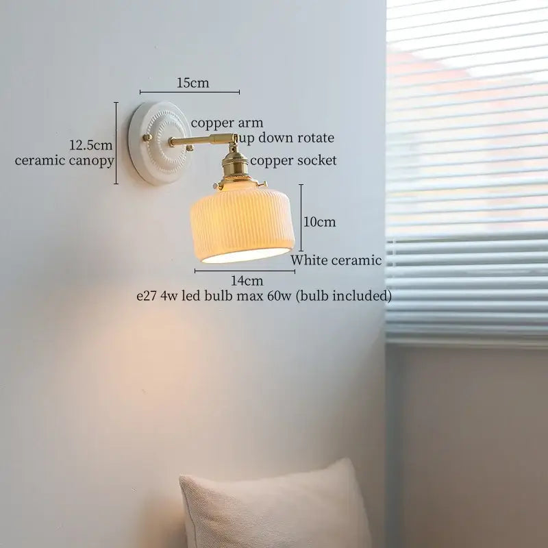Vintage cream ceramic led wall lamp with ribbed glass shade and brass copper arm for bedroom decorbites ceramic led wall use